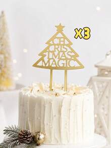3pcs Gold Mirror Acrylic Christmas Cake Decorations, Holiday Party Cake Decor, Christmas Dessert Table Accessories, Christmas Celebration Seasonal Event Decor - G - View 9