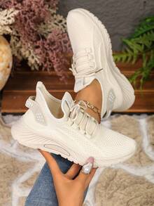 All Season Breathable Mesh Beige Women's Sports Shoes Lightweight Lace-Up Daily Casual Versatile Sneakers - Beige - View 1