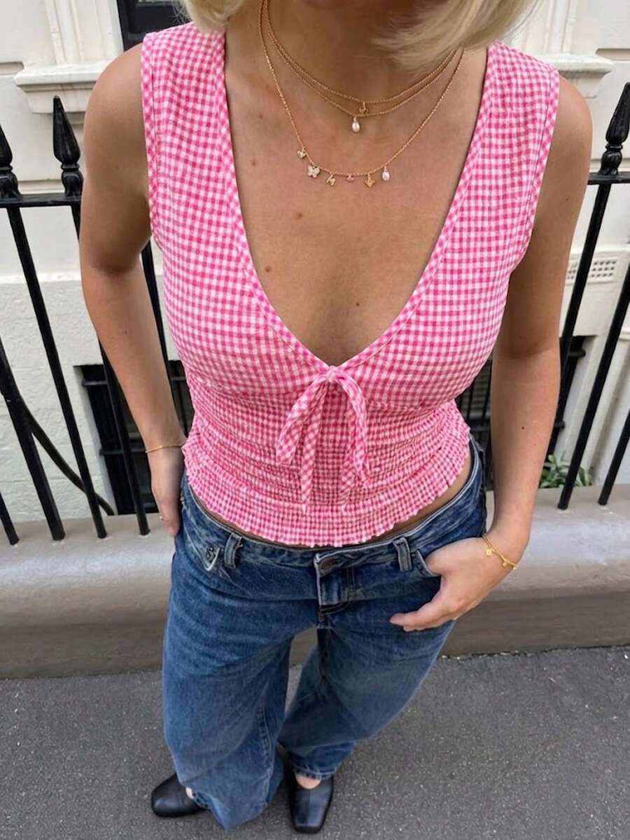 VIVINA 女款休閒百搭深色格紋抓皺腰部蝴蝶結荷葉邊背心上衣,週末出遊百搭上衣,初秋夏季百搭上衣 - 玫紅色 - 查看 1