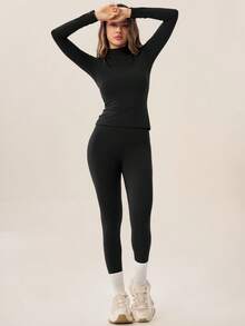 TimeOff Women's One Set Autumn/Winter Solid Color Stand Collar Slim Fit Long Sleeve Leggings Set - Black - View 10