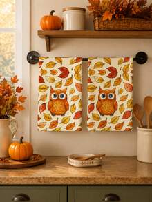 2pcs/4pcs/8pcs Thanksgiving Autumn Maple Leaf Pumpkin Owl Hand Towels, Harvest Festival Bathroom Towels, Dish Cloths, Vintage Farm Style, Suitable For Harvest Festival Kitchen Decor, Thanksgiving Party Event Decoration - Multicolor - View 7