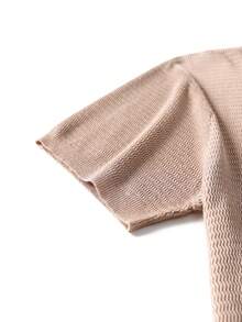 Men's Solid Color Wavy Texture Mock Neck Knit Short Sleeve Slim Fit Crew Neck T-Shirt, Summer Commute Casual Top - Camel - View 4