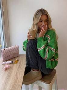 Women's Fashion Versatile V-Neck Colorblock Striped Loose Short Knit Cardigan With Buttons - Multicolor - View 2