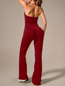 NcmRyu Women's One Set Solid Color V-Neck Halter Adjustable Strap Ruched Tank Top & Flare Pants Sports Set - Red - View 4