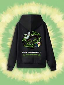 SHEIN X Rick and Morty 1件中性黑色寬鬆連帽衛衣，雙面動漫印花，卡通街頭風秋季款 - 黑色 - 查看 5