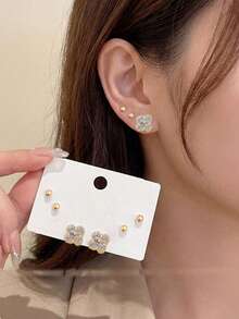 1對/3對 優雅奢華立方鋯石 精緻時尚四葉草鍍金 925銀 女款耳釘 - 耳環2 - 查看 9