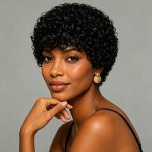 Human Hair Pixie Cut Wig With Bangs For Women- 150% Density Short Curly Wave Wig For Daily Use, Cosplay & Parties, Glueless Hair Wig - Natural Black - View 4