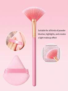 2PCS Pink Fan Highlight&Makeup Puff Set,For Precise Cheek Highlight & Blush,Full Face Setting & Powder Application - Pink - View 8