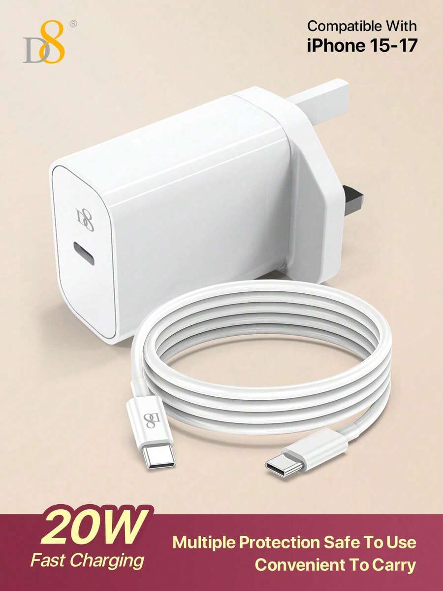 D8 PD20W USB C 快充牆充，附 3.3 英尺 USB-C 轉 USB-C 線，超快充電，相容 iPhone 16/16 Pro/16 Pro Max/16 Plus/15/15 Pro/15 Pro Max/15 Plus，Air 4/5/Pro 12.9 (2021-2024)/Pro 11 (2021-2024)/Mini 6，Type C 充電器
