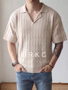 GRKC 春夏男款新款休閒寬鬆極簡純色扭繩羅紋韓系百搭通勤小眾時尚 Polo 領套頭短袖針織 T-shirt 上衣 - 杏色 - 查看 4