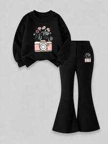 Toddler Simple Fashion Cartoon Print Black Top And Black Pants Sports Set Autumn/Winter - Black - View 2