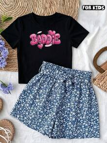 Girls Summer Streetwear Short Sleeve T-Shirt With Pink Letter Print & Heart Design, Breathable Round Neck Casual Top For Kids - Black - View 1