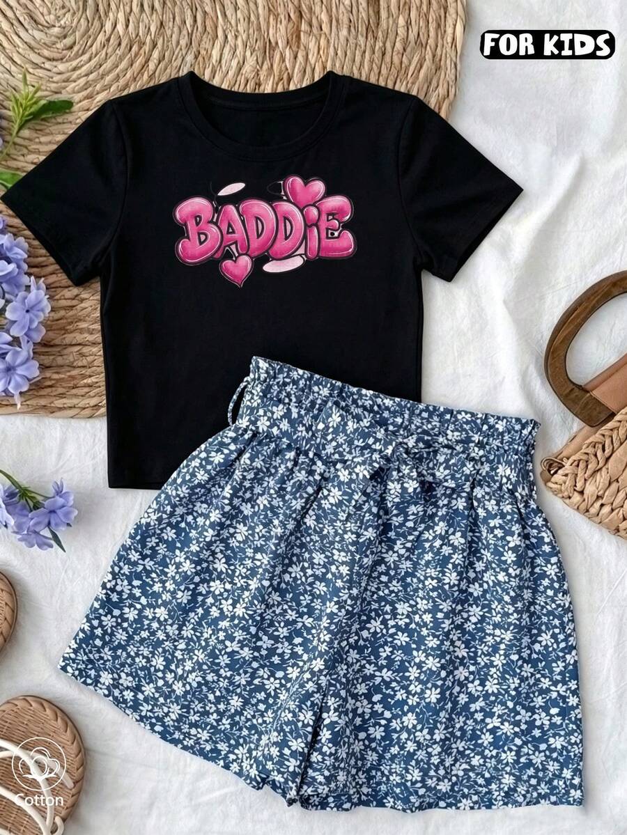 Girls Summer Streetwear Short Sleeve T-Shirt With Pink Letter Print & Heart Design, Breathable Round Neck Casual Top For Kids - Black - View 1