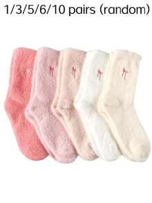 1/3/5/6/10 Pairs Bowknot Pattern Fluffy Women's Thigh High Socks, Warm And Soft, Perfect For Autumn And Winter, Also An Ideal Gift. - Multicolor - View 6
