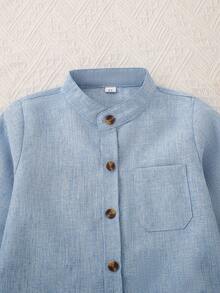 Young Boy Spring/Autumn Solid Color Stand Collar Long Sleeve Shirt & Elastic Waist Long Pants 2pcs Set, Casual Comfortable Versatile Preppy Style - Blue and White - View 4