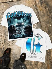 UFO Alien Double Sided Print Graphic Tee, Oversized Casual Urban Streetwear Summer Outfit For Men, Father Day Gift - 白色 - 查看 15