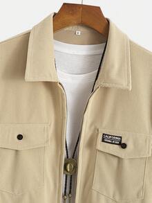 GOLDREDY Spring/Autumn New Men's Corduroy Zipper Shirt Jacket, Vintage Fine Striped Corduroy Double Pocket Patch Logo Loose Lapel Workwear Casual Long Sleeve Shirt Jacket - Khaki - View 5
