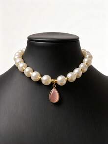 Pet Tear Drop Pearl Collar, Suitable For Cats & Dogs, Adjustable Faux Pearl Necklace With Pale Colored Crystal Pendant, Elegant Pet Jewelry, Fits Small Cats & Dogs, Cute Photo Accessory Gift - Baby Pink - View 11