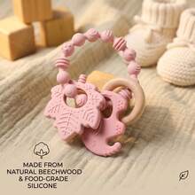 ETETOO 1pc Pink Flower Rabbit Textured Silicone & Wooden Teething Ring, Baby Sensory Teether For Soothing Gum Pain - Multicolor - View 5