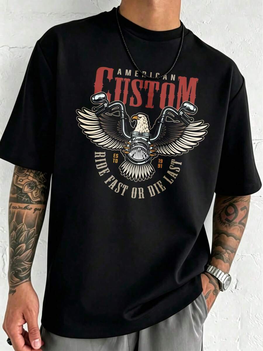 American Custom Motorcycle Print Shirt% Coton 180 G/² Crew Neck Breathable Regular Fit Summer Streetwear - 黑色 - 查看 1