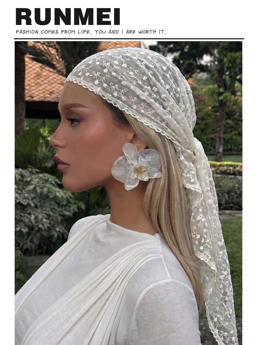 1件女款素色優雅蕾絲花卉頭巾，奢華波希米亞風希賈布/披肩，適合日常穿著、婚禮、夏季海灘度假 - 白色 - 查看 1