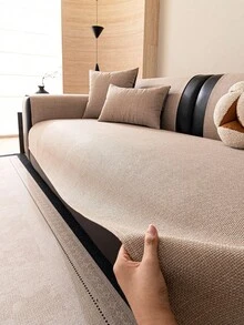 SANMOSPIN 1PC Linen Fabric Solid Color Minimalist Style Waterproof Sofa Cover, All-Season Versatile Comfortable Sofa Cushion, Suitable For 1-4 Seater Sofa In Bedroom, Living Room, Study, Office, Home Decor - Coffee Brown - View 5