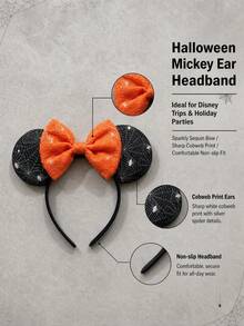 Disney Halloween Minnie Mouse Ear Headband, Black Spider Web Print Ears With Shiny Orange Sequin Bow, Party And Theme Park Cosplay Hair Accessory - A - View 3