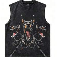 2026 New Arrival Summer Unisex Cerberus Doberman Graphic T-Shirt,Sleeve Tee, Gothic Three-Headed Dog Print Oversized Top For Streetwear - 黑色背心 - 查看 8