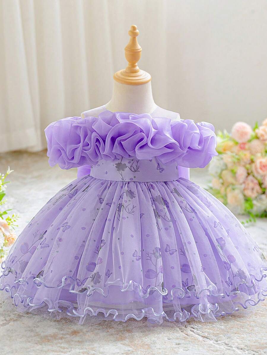 Baby Girls Sleeveless Floral Print Mesh Cute Flower Girl Dress, Suitable For Birthday, Headband Not Included - Mauve Purple - View 1