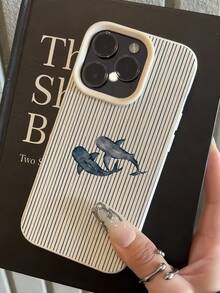 1pc White Matte Minimalist Lens Protection Blue Striped Double Shark Pattern Phone Case, Personalized For IPhone 16 Pro Max/17/16/15/14 Plus/13/12/11/Air, Compatible With Samsung Series - Multicolor - View 4