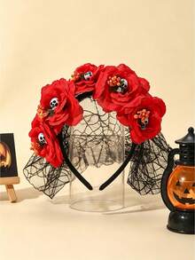 Rose Skull Flower Element - Day Of The Dead Headpiece - Halloween Flower Skull Headband - Spider Web Crown Party Hair Accessory - Multicolor - View 6