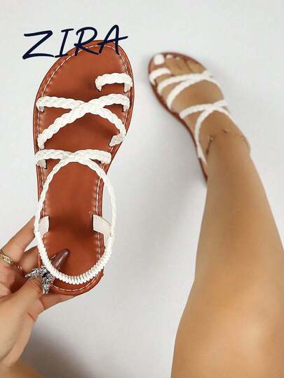 Zira Flat Casual 2026 Summer New Sandals Women's Fashion Beach Shoes Solid Color Woven Mom Shoes