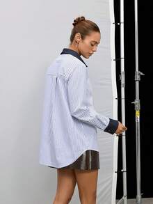 Women's Spring/Autumn New Casual Commute Front Button Striped Long Sleeve Shirt Suitable For Office - Blue - View 6