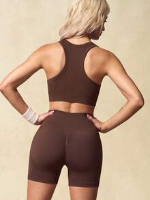 Women's Seamless Ribbed Racerback Sports Set, High Waist Butt Lifting Fitness Shorts, Tight Compression Yoga Underwear 2 Pieces Set - Brown - View 4