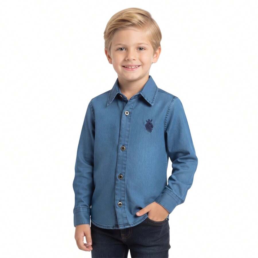 GABABY STORE Camisa Jeans Infantil Masculina em Algodão - Lavagem Clara e Escura (Tamanhos 4 ao 16)