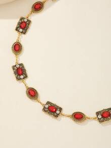 古董金琥珀色水鑽橢圓長方形Concho腰帶，牛仔風、另類配件，大尺碼女款腰帶，Vaquera風格 - 紅琥珀 - 查看 5