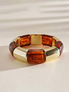 4pcs/1pc Vintage Elegant Bohemian Style Daily Geometric Asymmetrical Exaggerated Thick Elastic Round Bead Bamboo Joint Maillard Brown Coffee Color Tie Dye Resin Bracelet Stacked Acrylic Splice Bangle Set Multi-Piece Set Stacked Y2K Jewelry Accessories Suitable For Women Summer Beach Party Birthday Party Daily Wear - Brown - View 4