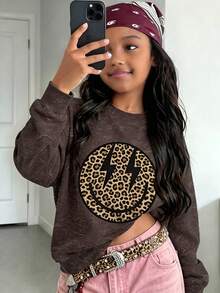Girls' Western Style Sweatshirt, Leopard Print Lightning Smile Face Chest Graphic, Vintage Washed Autumn/Winter Campus Top - Brown - View 1
