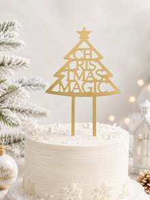 3pcs Gold Mirror Acrylic Christmas Cake Decorations, Holiday Party Cake Decor, Christmas Dessert Table Accessories, Christmas Celebration Seasonal Event Decor - G - View 3