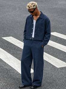 HOMIIE Men's Corduroy 2 Pieces Set, Lapel Button Front Short Jacket & Wide Leg Pants Outfit, Casual Solid Color Streetwear Set, Suitable For Autumn - Navy Blue - View 6