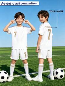 2pcs/Set All-Over Print Hollow Football Set, Personalized Name/Club Customization, Popular Jersey, 2pcs/Set Boys/Girls Football Set, Name Customization, Idol Customization, Short Sleeve Shorts Set, Suitable For/Girls Sports, Cycling, Outdoor Running, Football, Star Style Jersey Set, Moisture-Wicking - White - View 2