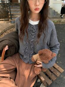 Cardigan Sweater Wanita Gaya Korea INS Leher Bulat Rajutan Kabel Desain Plaket 2 In 1 Atasan Kasual Serbaguna Musim Gugur/Musim Dingin - Grey - View 2