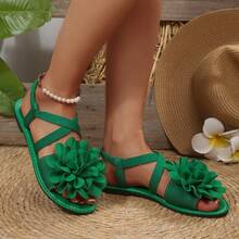 New Fashion Large Flower Cross Elastic Strap Flat Sandals For Women, Bohemian Vacation Travel Photography Back Strap Fairy Open Toe Shoes - Green - View 13