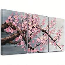 3-Piece Frameless Spring Wall Art Set - Pink Cherry Blossoms And Branches, Modern Classic Decorative Canvas Prints, Suitable For Living Room, Bedroom, Home Office, Landscape Painting, Indoor Use - A - View 3