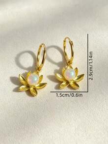 1 Pair Elegant Fashion Gold-Colored Lotus Simulated Opal Inlaid Pendant Earrings, Suitable For Women's Daily, Party, Travel Wear Jewelry Gift - Yellow Gold - View 2