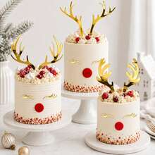1 Set/3 Sets Gold Mirror Acrylic Reindeer Antlers Cake Topper, Christmas Rudolph Eyes Cake Decoration, Christmas Party Cake Decor - Multicolor - View 1