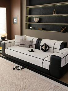 1pc Solid Woven Bubble Fabric Couch Pad With Black Rickrack Trim, Soft Breathable Neutral Tone Decorative Sofa Slipcover For Modern Minimalist Living Room - Beige - View 3
