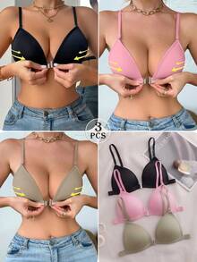 3pcs Multi-Color Front Closure Wireless Bra Set, With Fixed Pads, Detachable Straps, Cross Back Women's Lingerie, Suitable For A-C Cup - Multicolor - View 2