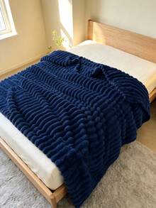 1pc Luxury Double-Sided Faux Rabbit Fur Blanket - Comfortable Striped Flannel, Soft & Warm, Suitable For Napping, Office, Camping, Sofa - Multi-Functional Polyester Bedspread, Christmas Gift - Dark Blue - View 8