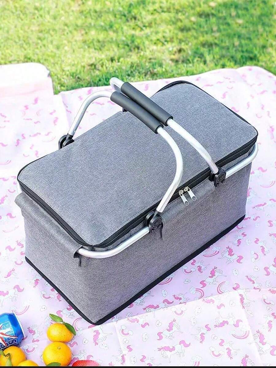 Foldable Insulated Picnic Basket, Thickened Aluminum Frame, Aluminum Foil Lining With Oxford Cloth Material, Waterproof, Leak-Proof, Cold-Keeping, Fresh-Keeping, Large Capacity, Strong Load-Bearing; Portable Dual Zipper Design, Easy To Clean, Suitable For Camping, Picnic - A - View 1